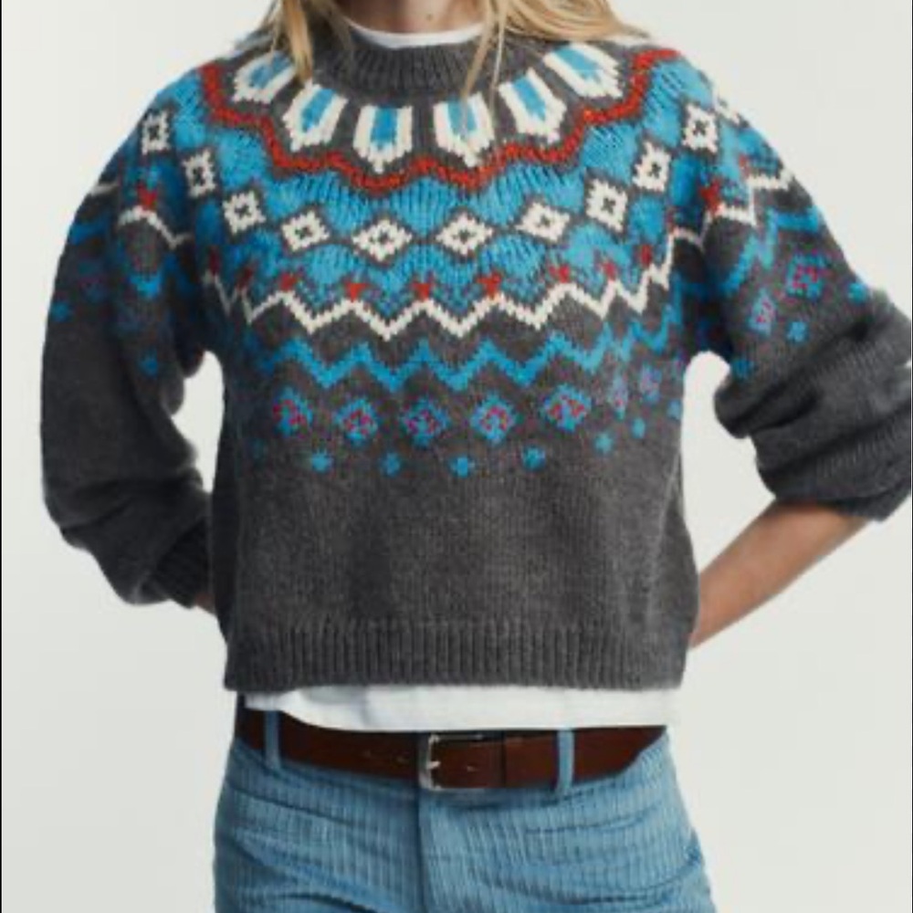 Zara Multicolor Patterned Crew Neck Sweater